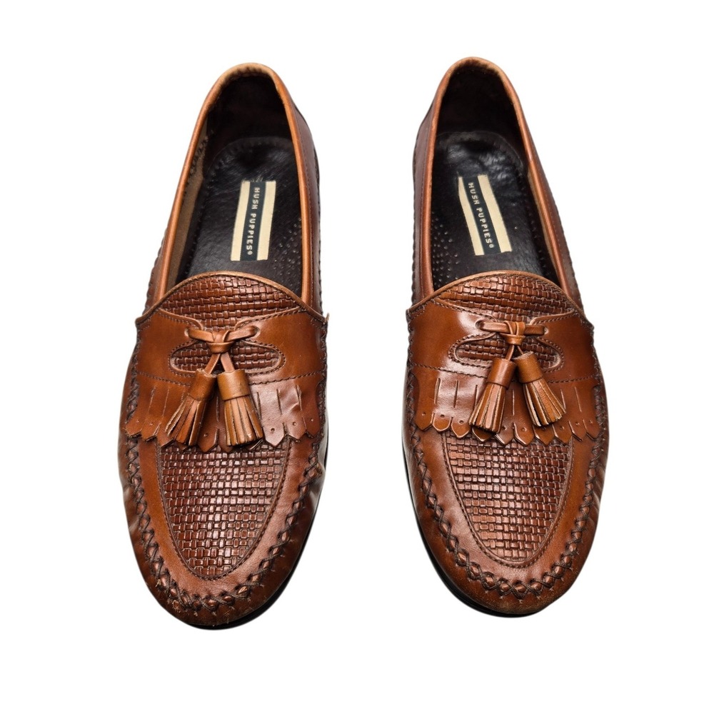 Hush Puppies Kiltie Tassel Loafers Mens 9.5M Brown Leather Woven Moc Shoes - Picture 1 of 16